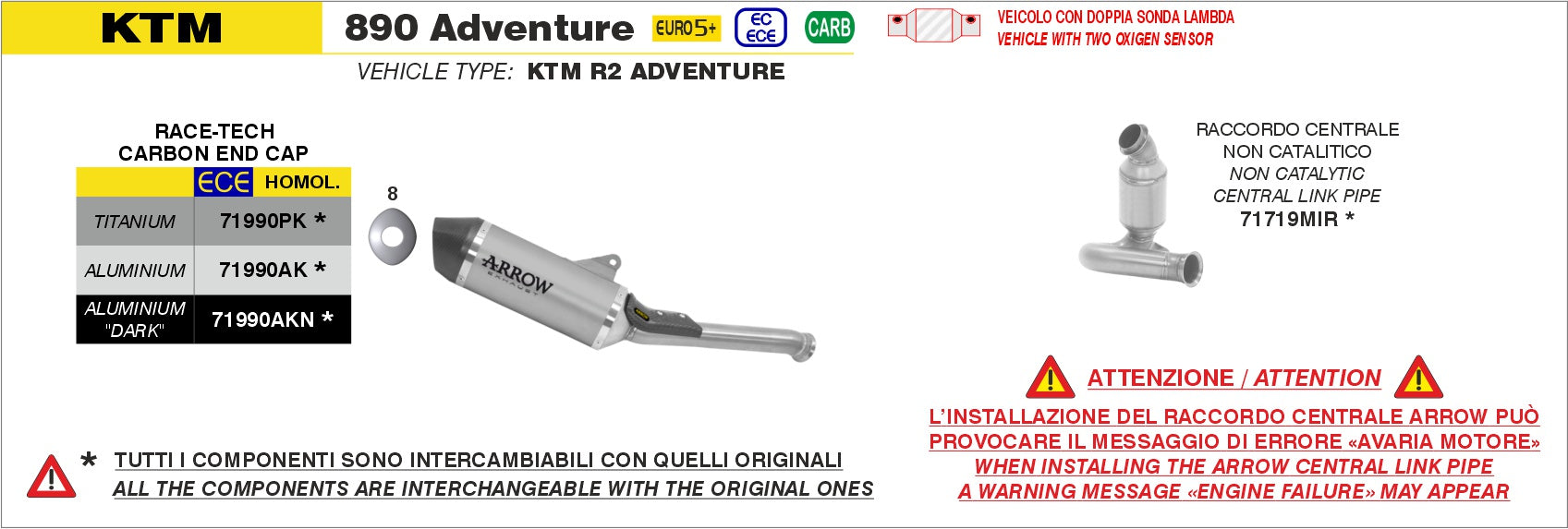 ARROW EXHAUST | KTM 890 Adventure / R 2025 | Race-Tech aluminium "Dark" silencer with carby end cap