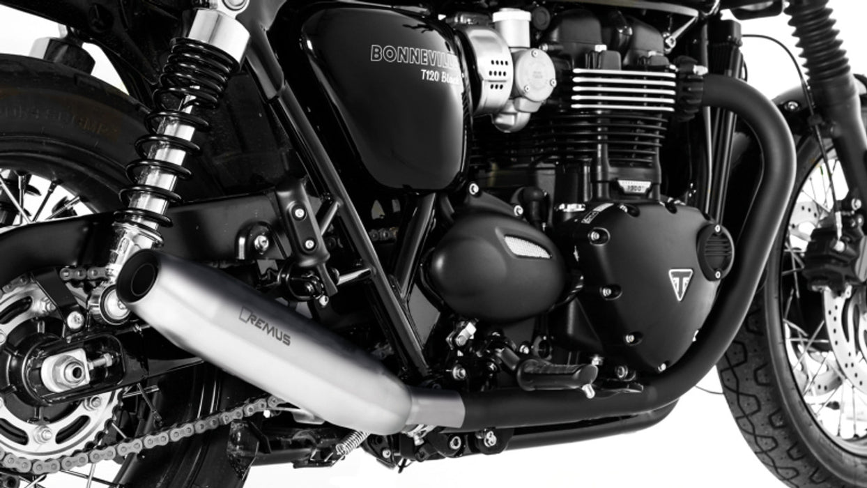 007102 918018LR | Remus Exhaust | Triumph Bonneville T120 MY2018 Custom Tapered SS Chrome Slip-ons