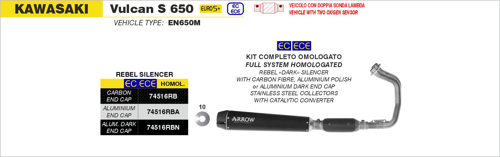 ARROW EXHAUST | Kawasaki Vulcan S 650 2025 | Full system Rebel with carbon fibre rear end cap