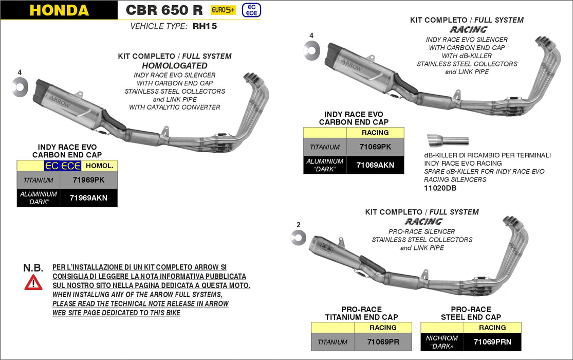 ARROW EXHAUST | HONDA CBR650R E5+ 2024-25  | RACING FULL SYSTEM WITH TITANIUM INDY-RACE EVO SILENCER + STAINLESS STEEL COLLECTORS