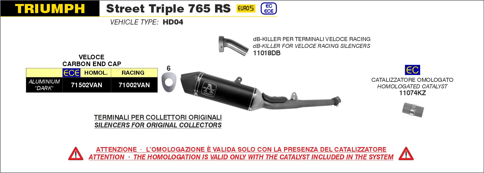 ARROW | TRIUMPH STREET TRIPLE 765 RS 2020-2022 | Catalytic homologated full system with Veloce aluminium "Dark" silencer